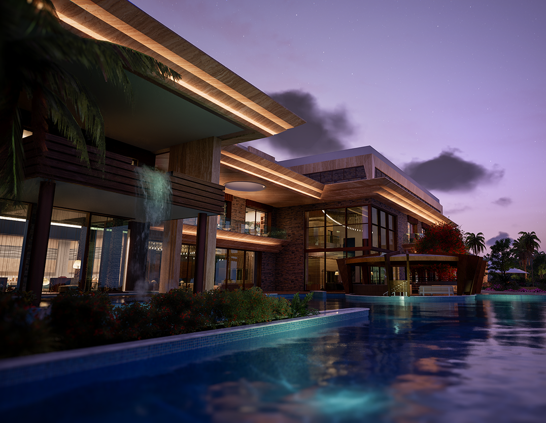 Dusk render of a waterfront residence at The Palace, pool in the foreground