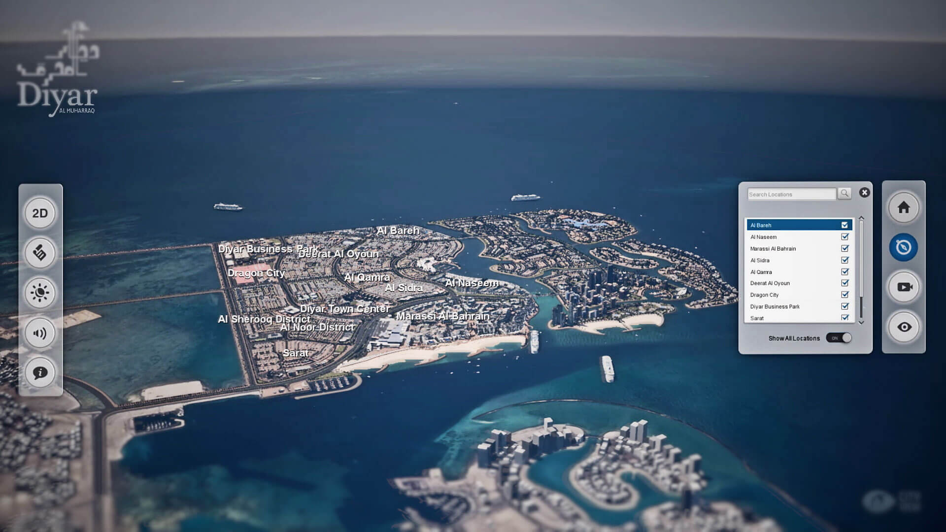 CityView on a large-format touchscreen in a sales centre, showing a coastal masterplan at dusk