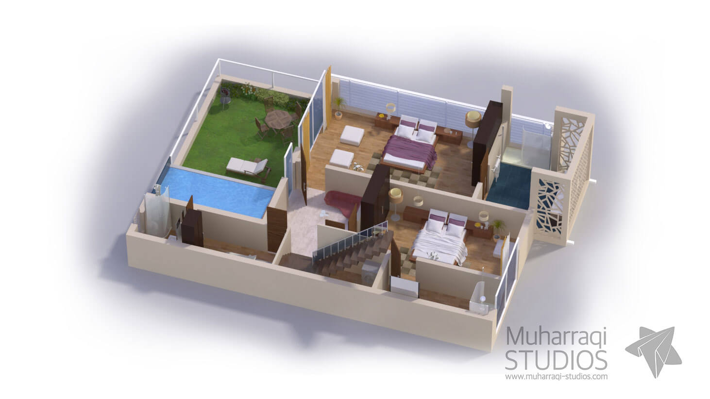 A cutaway view of a villa opened from the masterplan